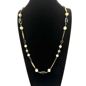 Vintage Faux Pearls And Green Rhinestones  Gold Tone Necklace
